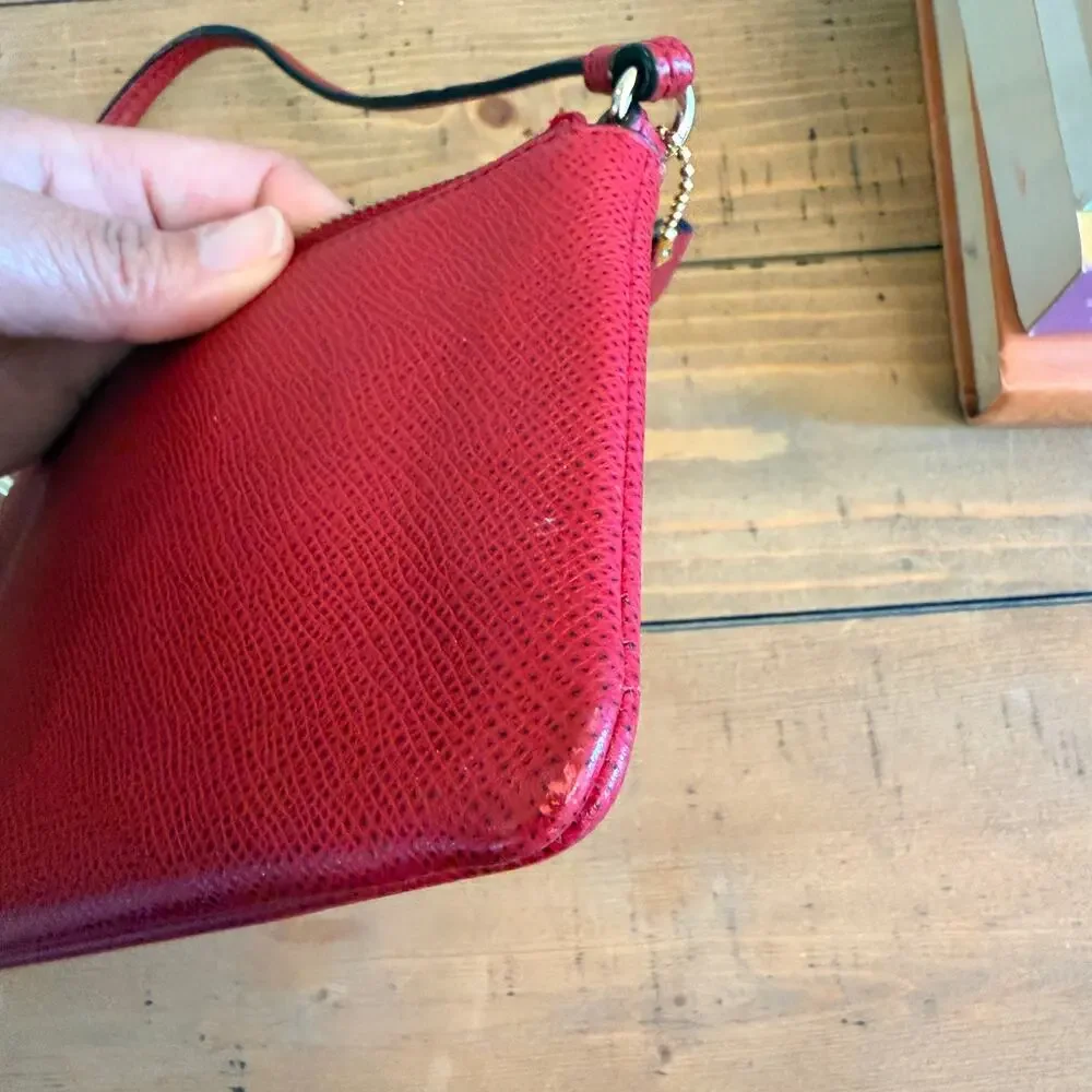 Coach Corner Zip Wristlet Red Pebbled Leather Gold Hardware Small Wallet